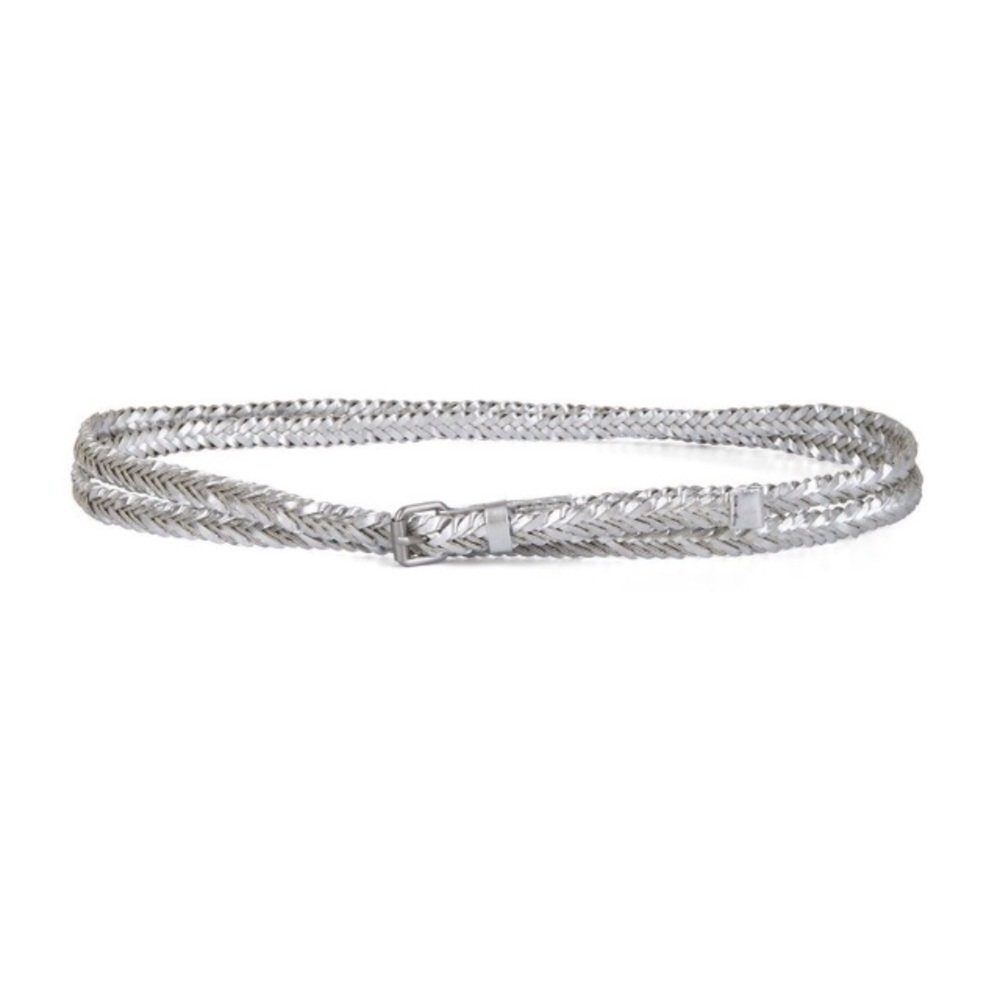 BCBG WAIST BELT SILVER BRAIDED DOUBLE WRAP FAUX LEATHER BOHO STYLE